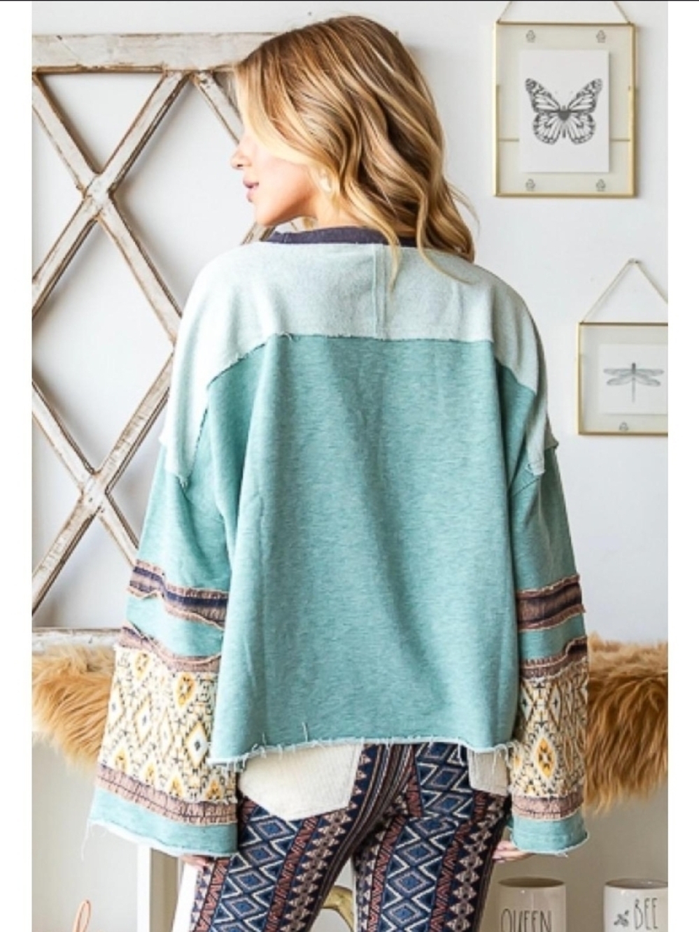 SOLD! NEW!!! Oli And Hali Casual Mint Green Patchwork Sleeve Women's Top, Sz L - Picture 4 of 4